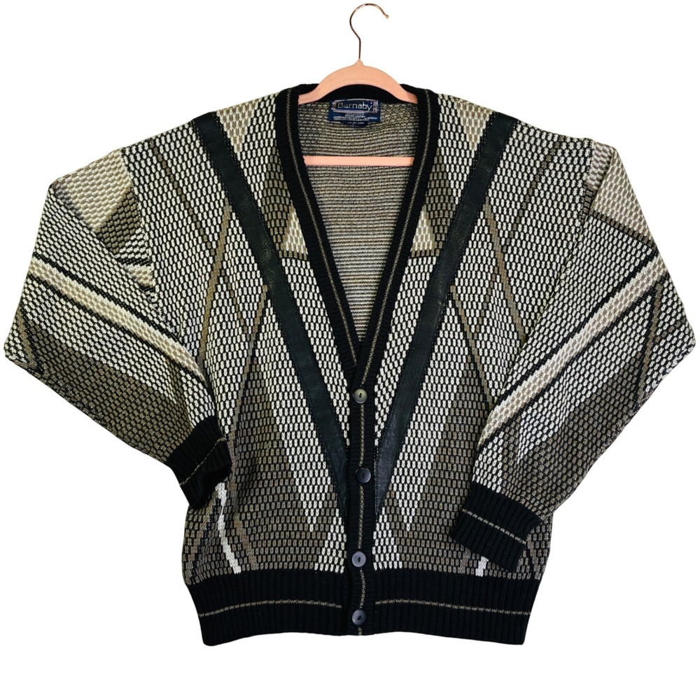 Vintage Barnaby Geometric Knit Cardigan Sweater Leather Trim Mens Large Dadcore